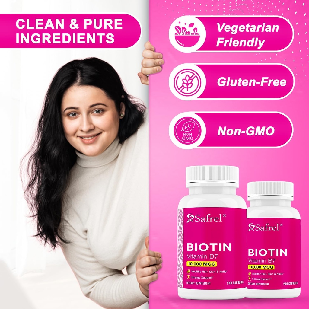 Safrel Biotin (Vitamin B7) 10,000mcg (10mg) Vitamin Supplement, 240 Capsules - Vegetarian, Gluten Free, Quick Release, Non-GMO 5