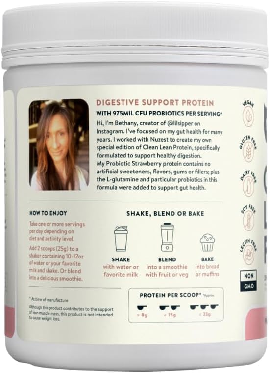 Nuzest Bethany's Pantry Digestive Support Protein - Probiotics for Digestive Health – Strawberry - Clean Lean Protein - Premium Vegan Pea Protein Powder – Plant Based - 20 Servings, 1.1 lb 3