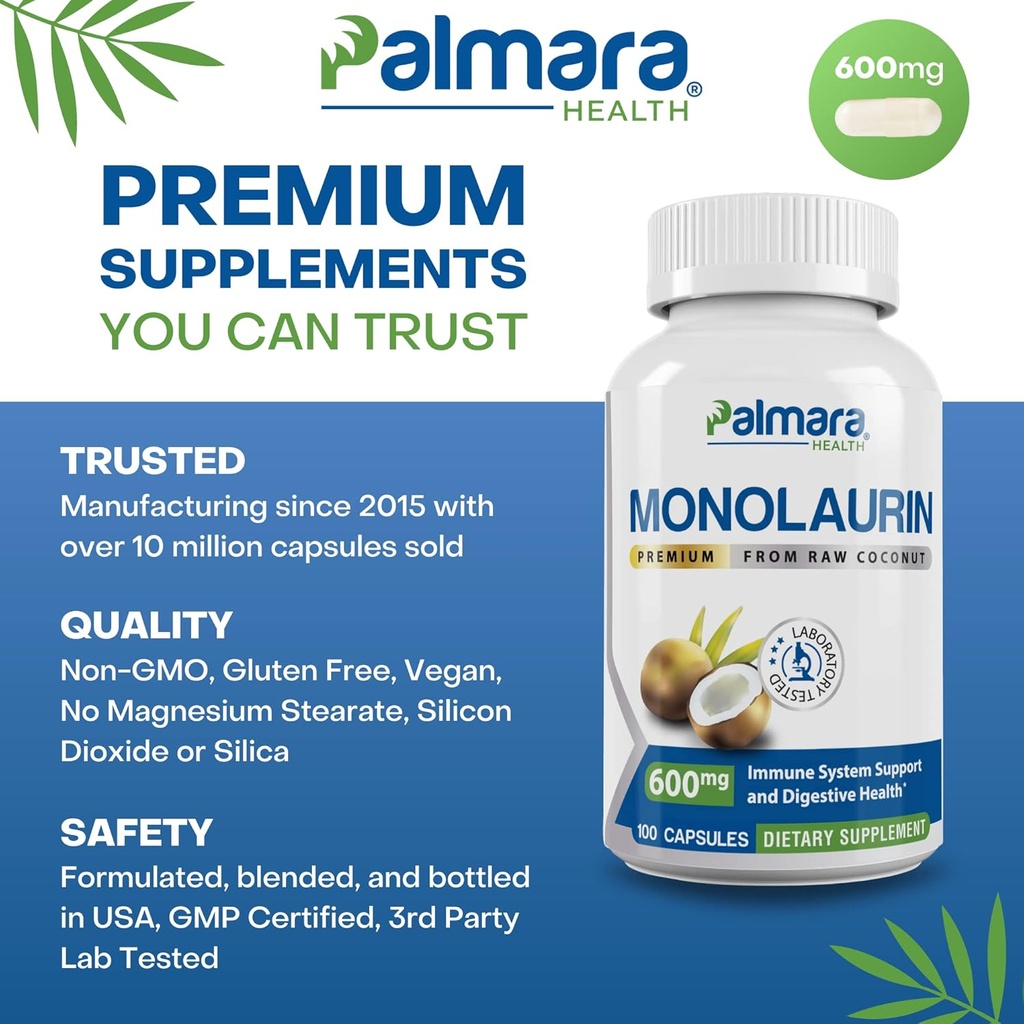 Palmara Health Premium Monolaurin 600mg + Biofilm Complex 3
