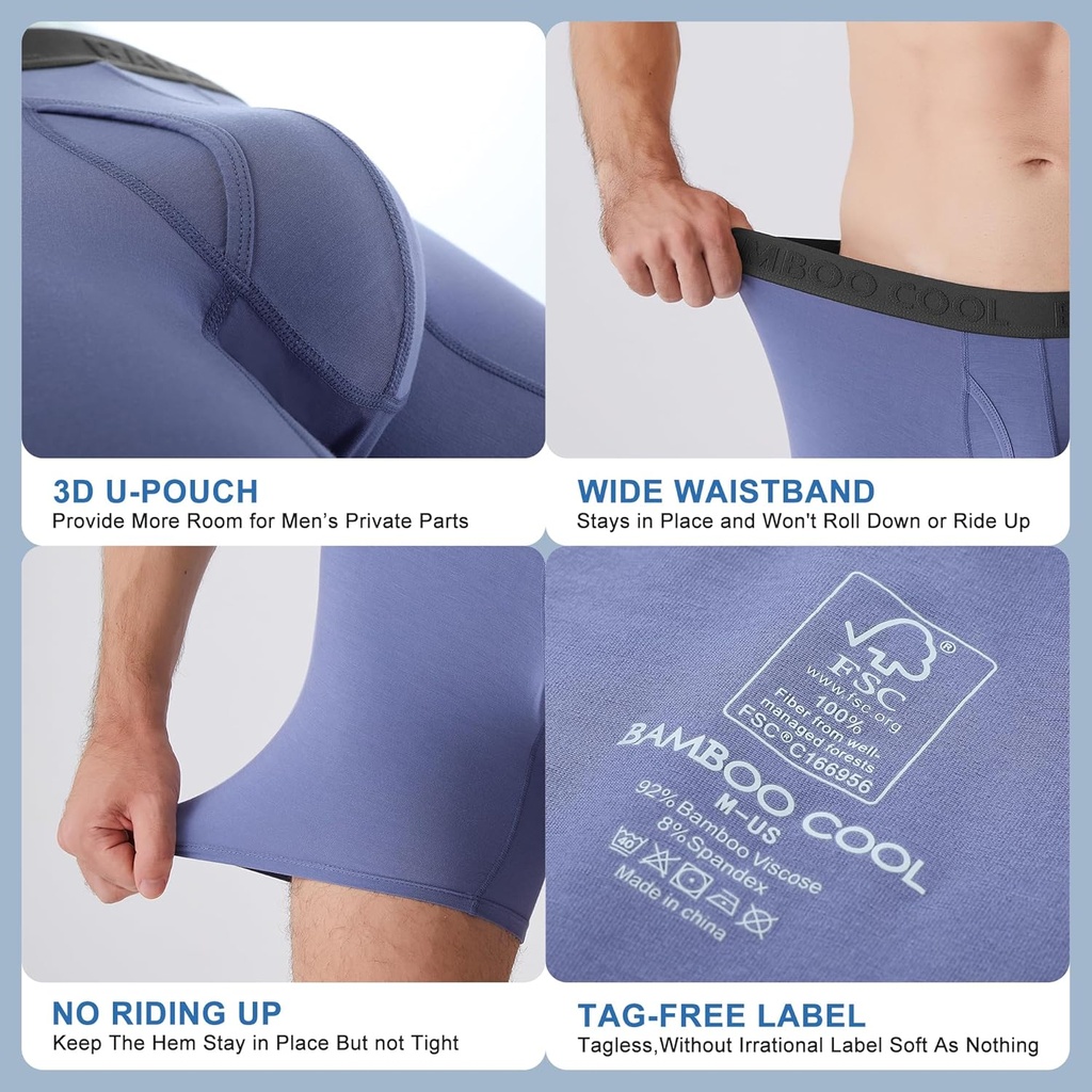 BAMBOO COOL Men's Ultra Breathable Underwear,No Riding Up Boxer Briefs with ComfortFlexible Waistband,Multipack 6