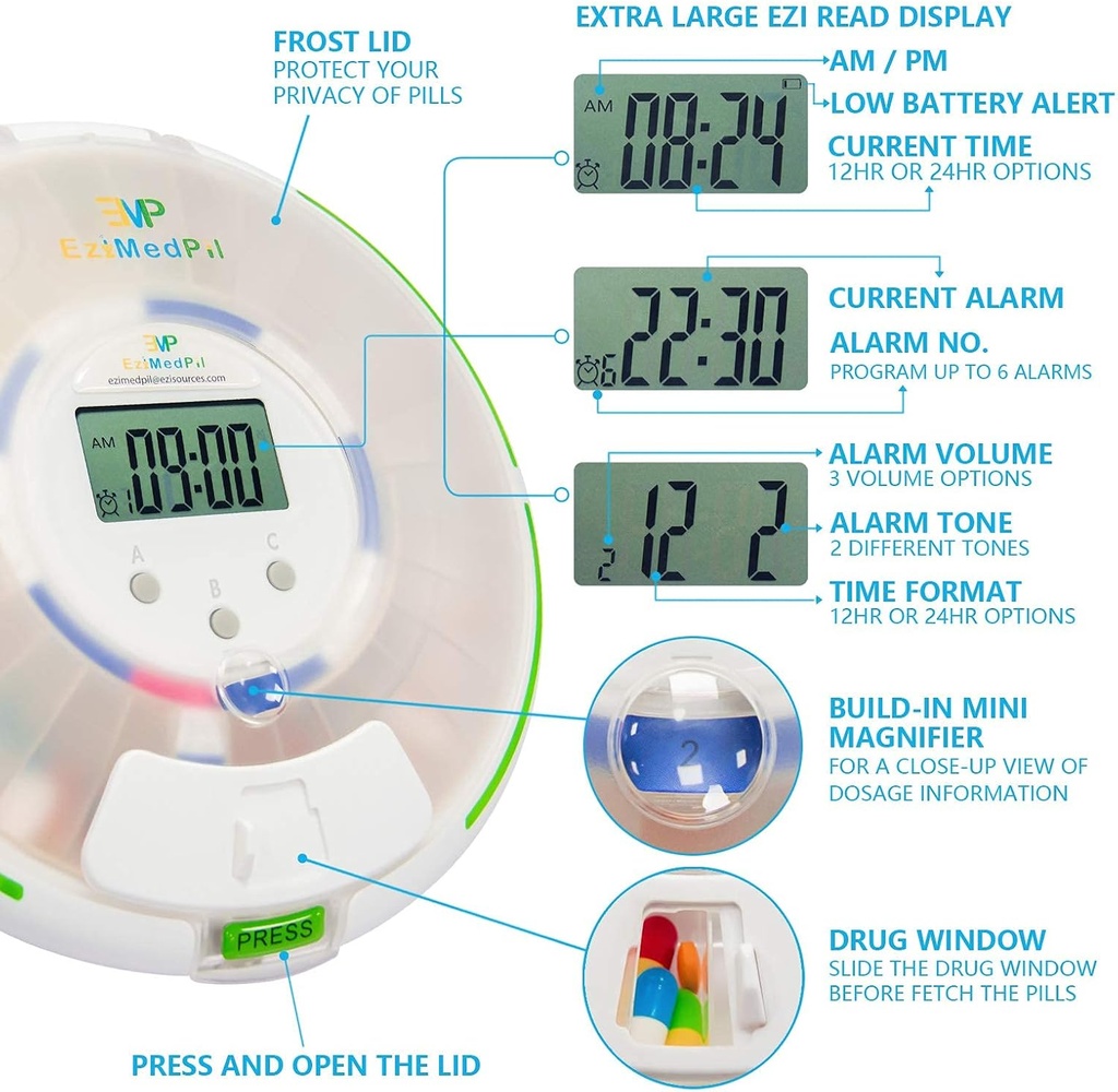 EziMedPil Automatic Pill Dispenser with Alarm, Sound & Light, up to 6 Alarms/Day, 6 Dosage Templates, Easy-Read Display, Frosted Lid & Locked 28-Day Medication Dispenser for Protecting Pills Privacy 5