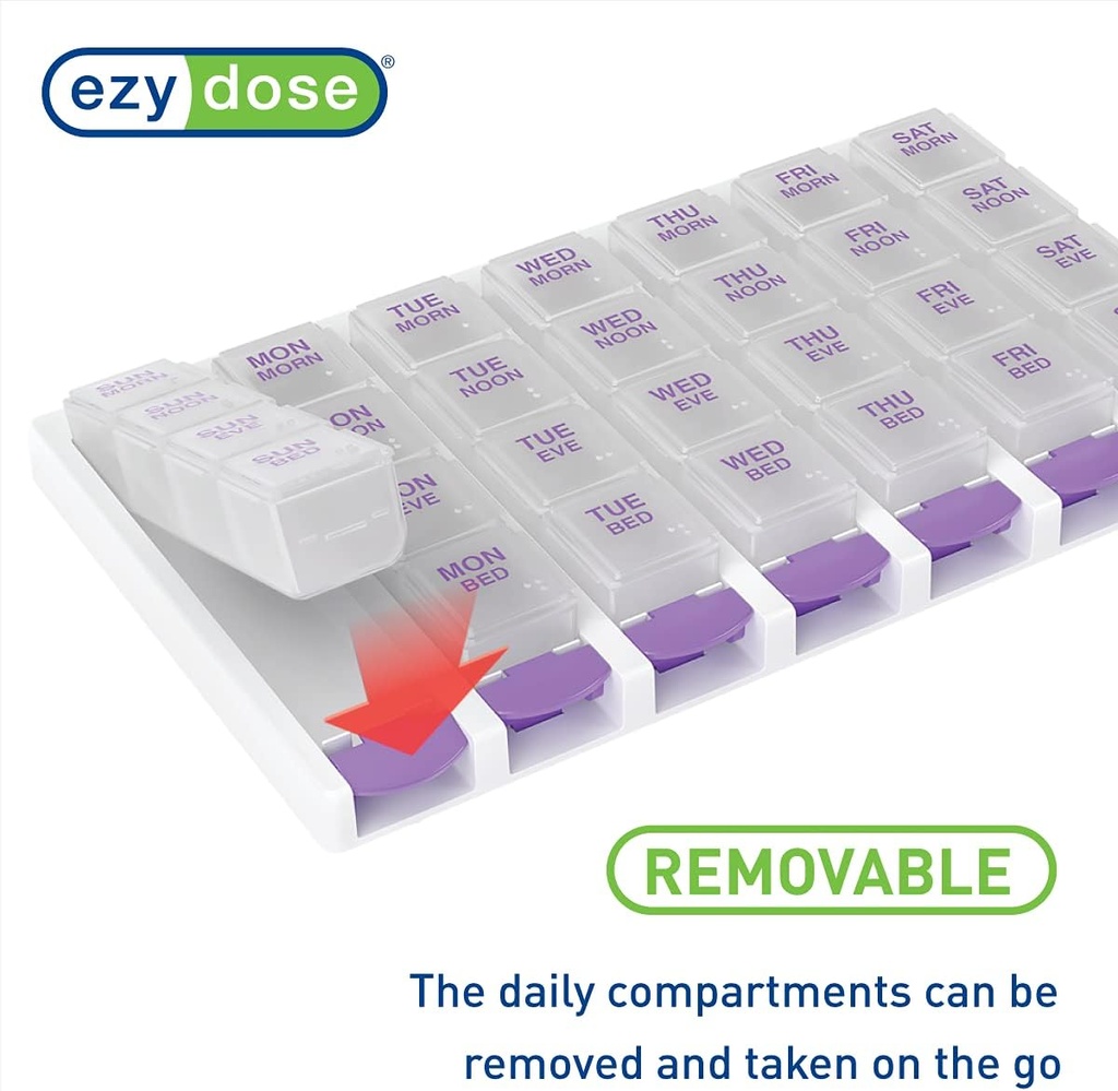 EZY DOSE Weekly (7-Day) Daily Pill Case, Medicine Planner, Vitamin Organizer Container, 4 Times a Day, Small Removable Compartments, Covenient and Easy to Use, Color May Vary, Clear Lids, BPA Free 5