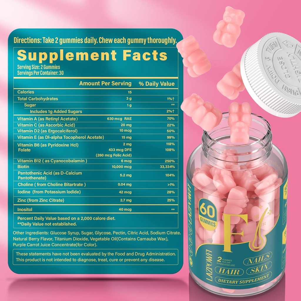 Biotin Gummies -Hair Skin and Nails Vitamins for Men & Women, Vegan Vitamin B7, Supports Hair Growth and Stronger Nails,60 Day Supply-Raspberry-2 Pack 6