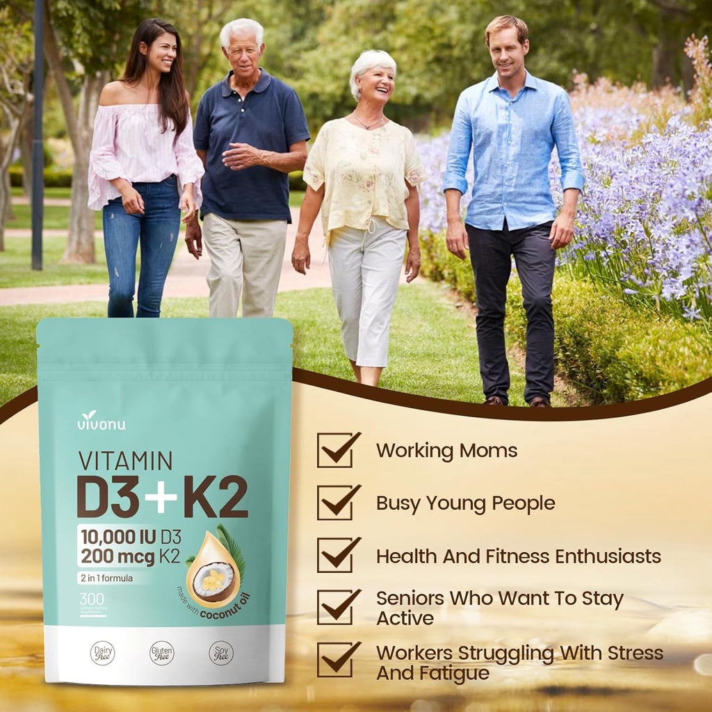 Vitamin D3 K2 10000 IU with MK7-300 Virgin Coconut Oil Softgels, 2 in 1 Vitamins D & K Complex | Vitamina D3 con K2 | Supports Calcium Absorption, Bone, Immune, & Heart Health – Easy to Swallow 6