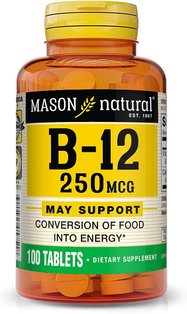 MASON NATURAL Vitamin B12 500 mcg with Calcium, Supports Energy & Nerve Health, 100 Tablets, Pack of 3 2