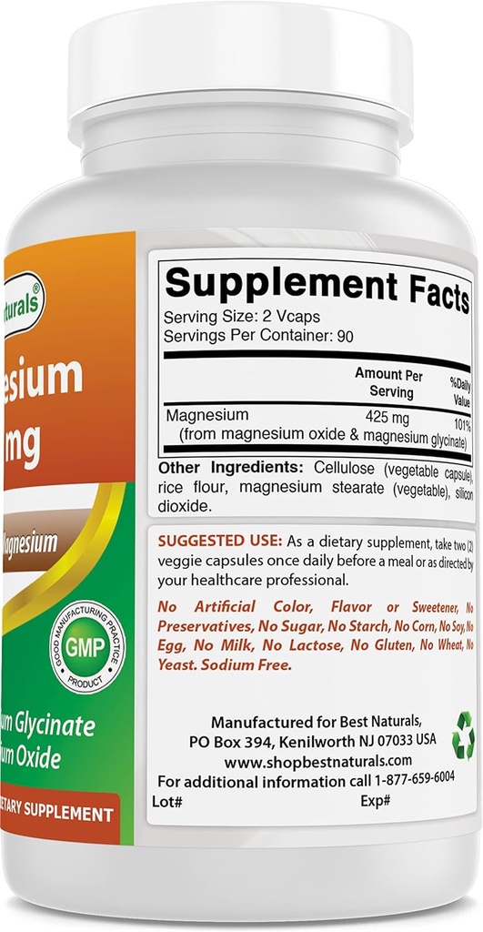 Best Naturals Magnesium 425 mg 180 Veggie Capsules - High Absorption Magnesium Glycinate & Magnesium Oxide Chelated, Non-GMO, Gluten Free Muscle Relax (180 Count (Pack of 2)) 6