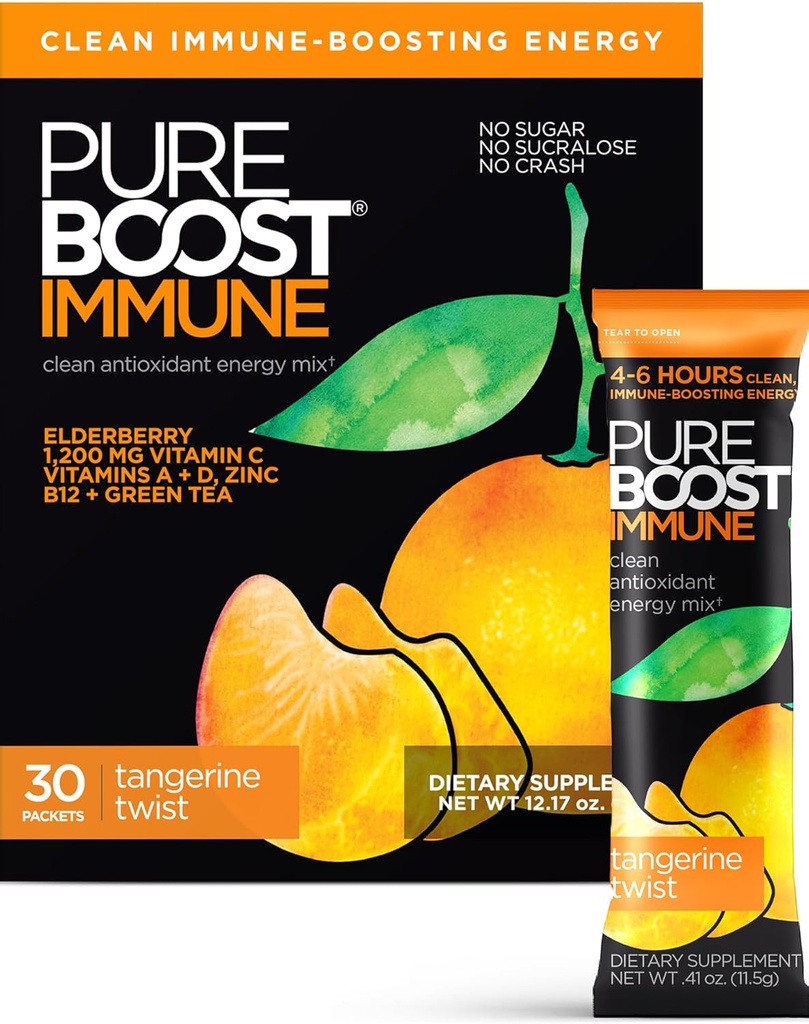Pureboost Immune Clean Energy Booster, Refreshing Energy Drink Mix and Immunity Supplement with Elderberry, 1,200 mg Vitamin C, Vitamins A + D, and Zinc. (Tangerine Twist, 30 Count) 2