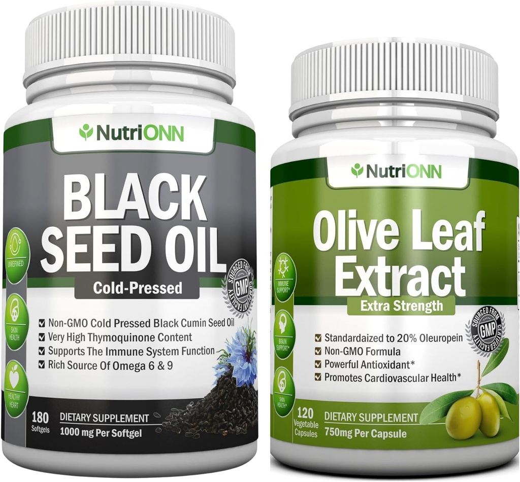 Black Seed Oil Softgels & Olive Leaf Extract Capsules Combo - Targeted Immune Support 2