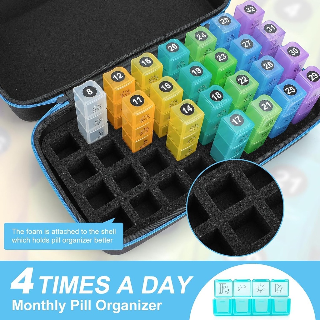 Yewltvep Monthly Pill Organizer 4 Times a Day, Pill Box Organizer with 32 Daily Compartments, 30 Day Pill Organizer 4 Times a Day Pill Holder with Hard Shell Travel Case+Weekly Pill Bag 4 Times a Day 3