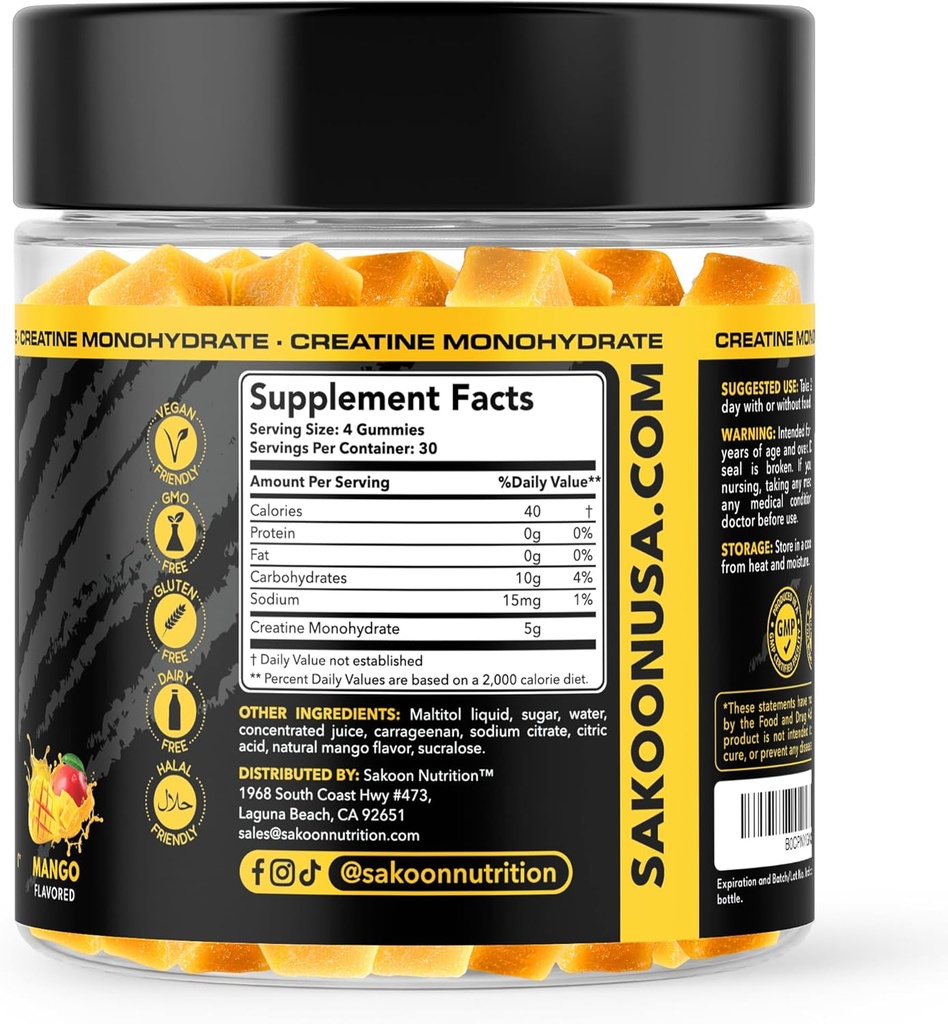 Creatine Gummies 5000mg – Vegan - Muscle Builder – Strength & Energy Support – 120 Count – Mango Flavor – Creatine Monohydrate Supplement for Men & Women 6