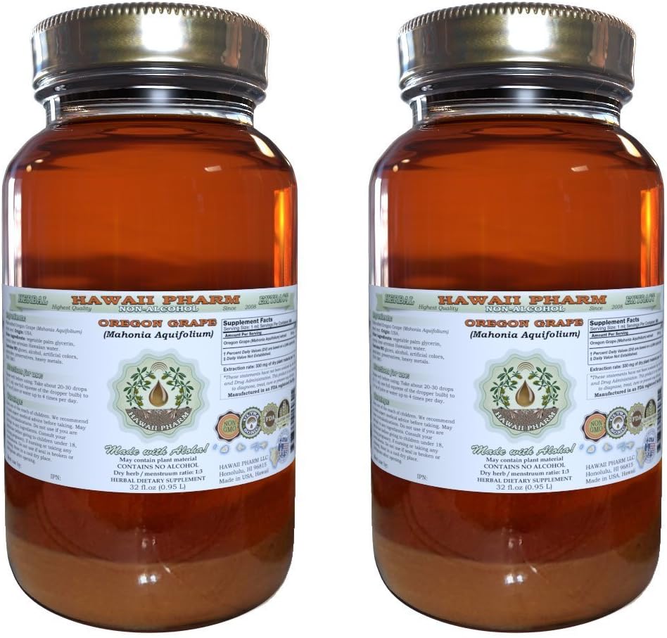 Hawaii Pharm Oregon Grape Alcohol-Free Liquid Extract, Oregon Grape (Mahonia aquifolium) Dried Root Glycerite Natural Herbal Supplement, USA 2x32 fl.oz 2