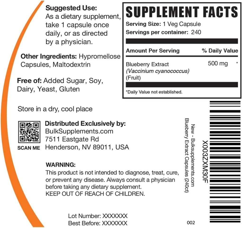 BulkSupplements.com Blueberry Extract Capsules - Blueberry Extract Supplement, Sourced from Wild Blueberry - Vegan & Gluten Free, 1 Capsule per Serving, 240 Veg Capsules (Pack of 1) 3