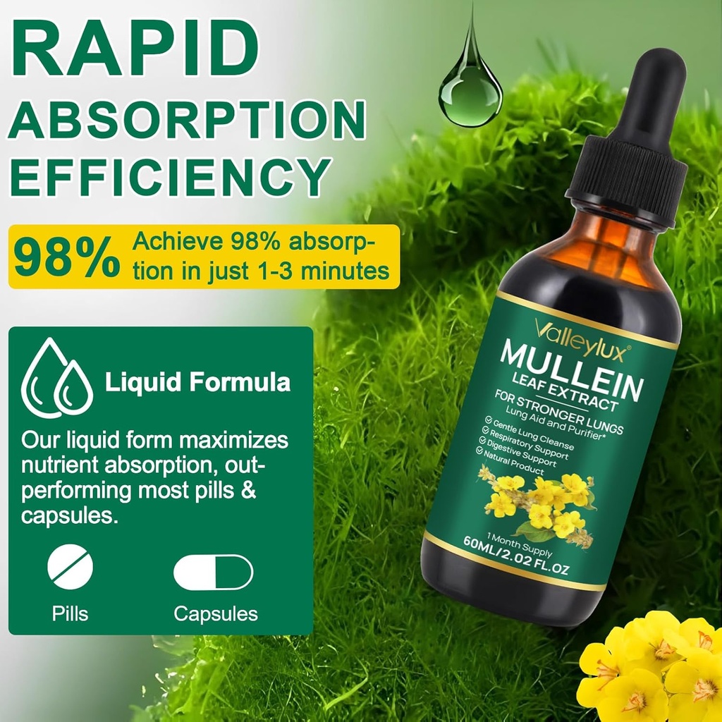 Mullein Drops for Lungs,Mullein Leaf Extract for Lungs,Natural Cleanse,Mullein Leaf Liquid Extract Supplement,Vegetarian Healthy Lifestyle,2 FL OZ 5