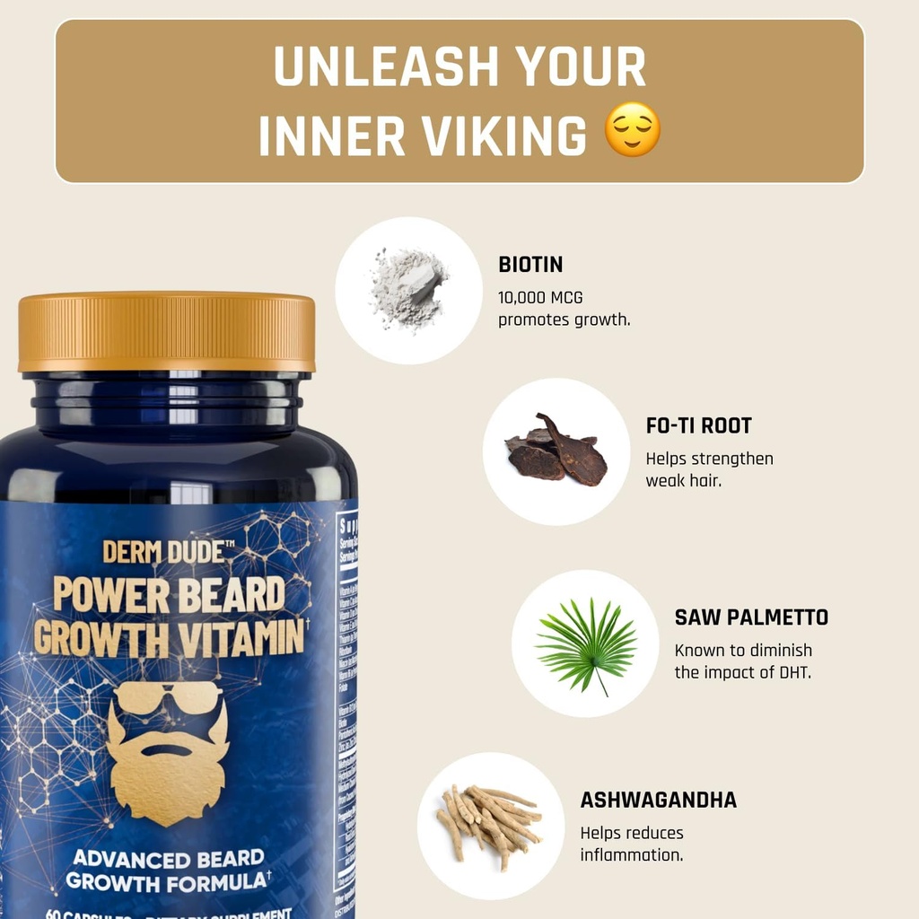 Derm Dude Power Beard Growth Vitamins for Men | With Biotin 10K MCG, Zinc B12 Saw Palmetto & Keratin for Healthier Thicker Fuller & Stronger Facial Hair | Restore Hair Breakage & Thinning, 60 Capsules 4