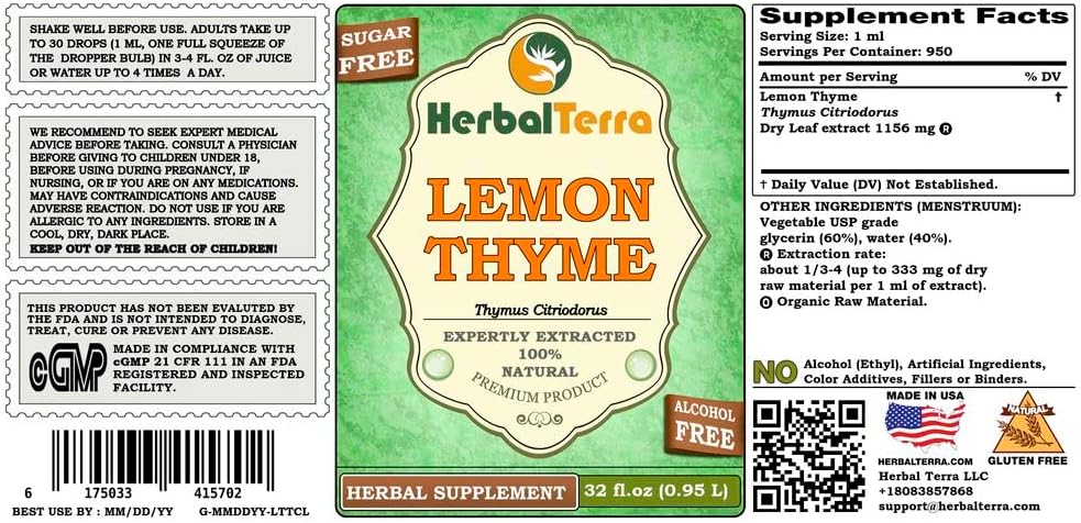 Lemon Thyme (Thymus x Citriodorus) Glycerite, Organic Dried Herb Alcohol-Free Liquid Extract (Brand Name: HerbalTerra, Proudly Made in USA) 32 fl.oz (0.95 l) 3