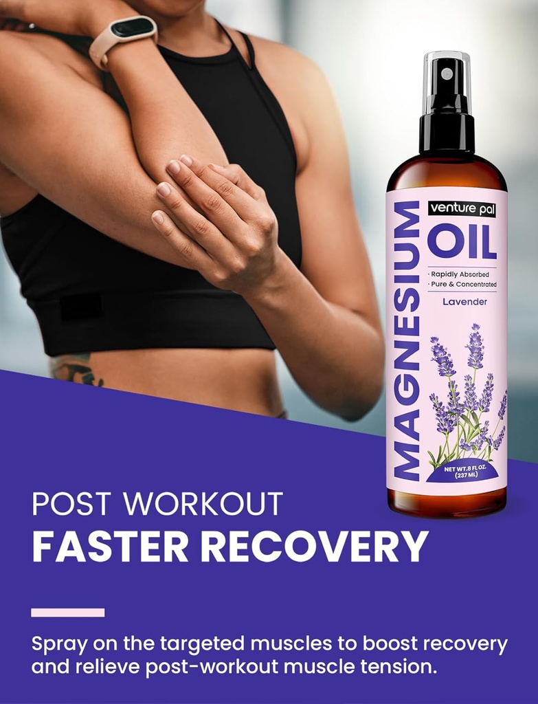 Venture Pal 100% Pure Magnesium Oil Spray with Lavender, Fast Absorption, Less Sting, Ultra-Soothing for Sleep & Muscle Relaxation, Seven (Big 8 oz) Minerals 6