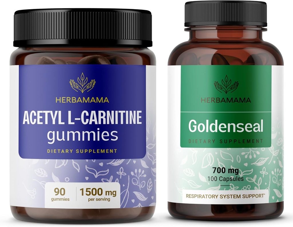 HERBAMAMA L-Carnitine and Goldenseal Kit - Bundle of 1500 mg Acetyl L-Carnitine Gummies & 700 mg Goldenseal Capsules - Vegan, Non-GMO, Gelatin-Free - 2 Pack 2