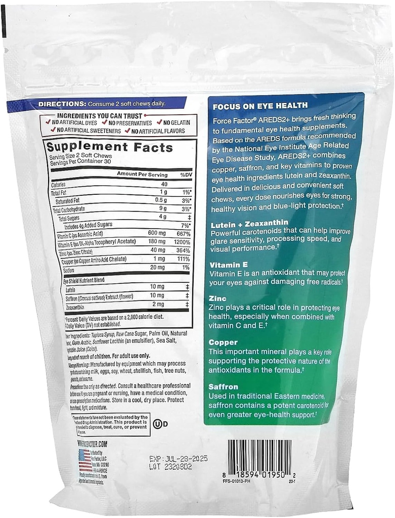 FORCE FACTOR AREDS2+ Eye Vitamins with Lutein & Zeaxanthin, AREDS 2 Formula to Support Macular Carotenoids, Eye Health Supplements for Adults to Support Vision, Tropical Punch Flavor, 60 Soft Chews 3