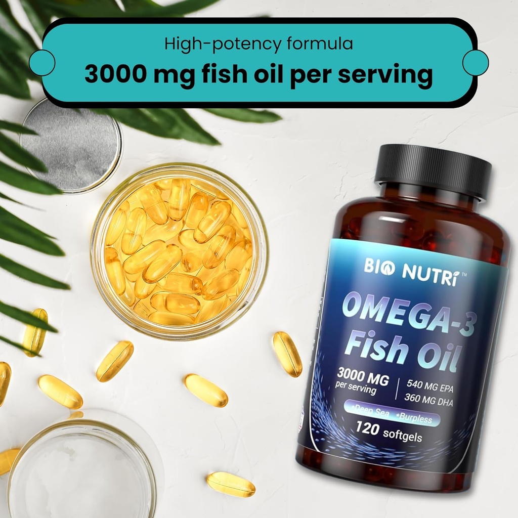 BIO NUTRI Fish Oil Omega 3 Supplements - 3000mg Fish Oil with EPA DHA - Omega 3 Fatty Acid Support - 120 Softgels 3