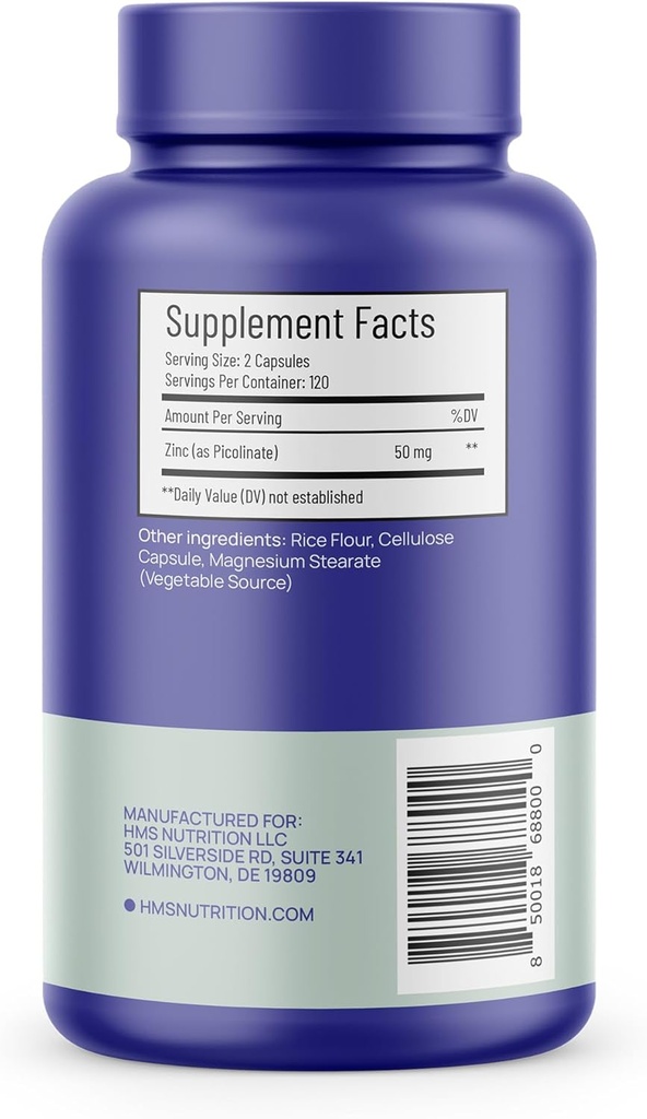 Zinc Picolinate 50mg Vegan Capsules - Highly Absorbable (Chelated) Immune Support Supplement for Men and Women -120 Capules, 4 Month Supply 4