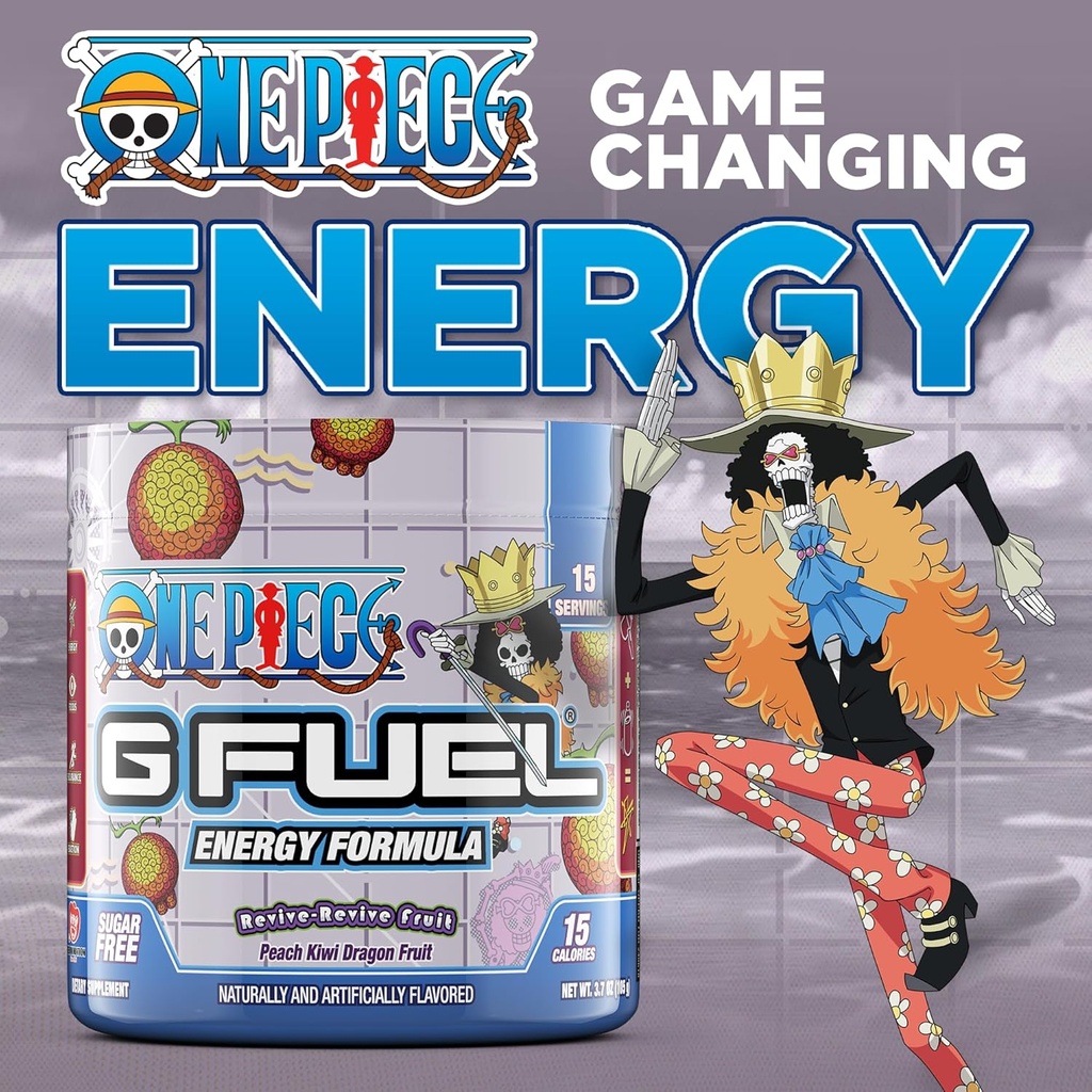 G Fuel ONE Piece Revive-Revive Energy Drink Powder, Pre Workout Caffeine Mix for Gaming, Sugar Free Focus Amino + Antioxidants, 3.7oz (Peach Kiwi Dragon Fruit, 15 Servings) 3