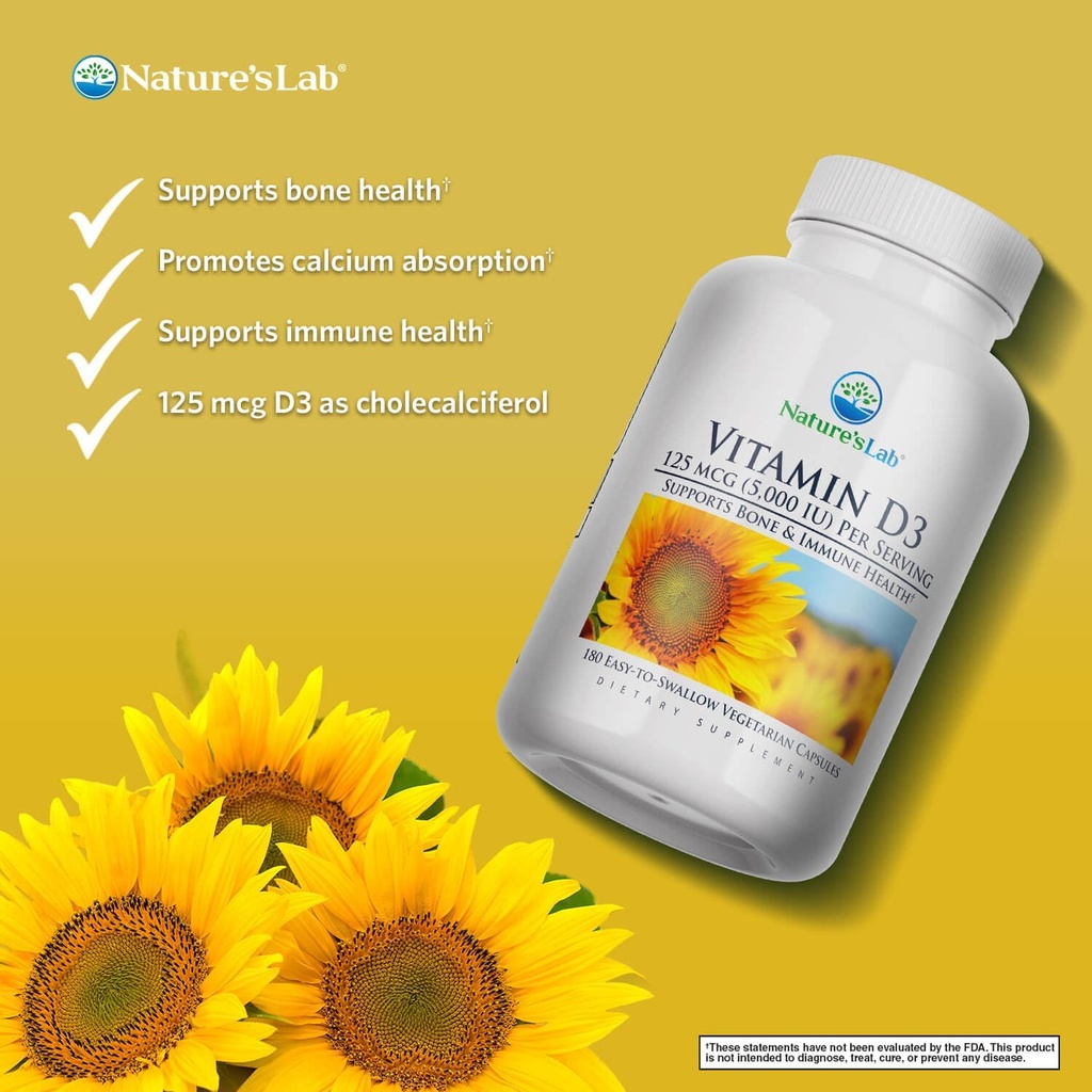 Nature's Lab Vitamin D3 5000 IU 180ct (6 Month Supply) for Immune Support and Healthy Bones Gluten Free, Non GMO 3