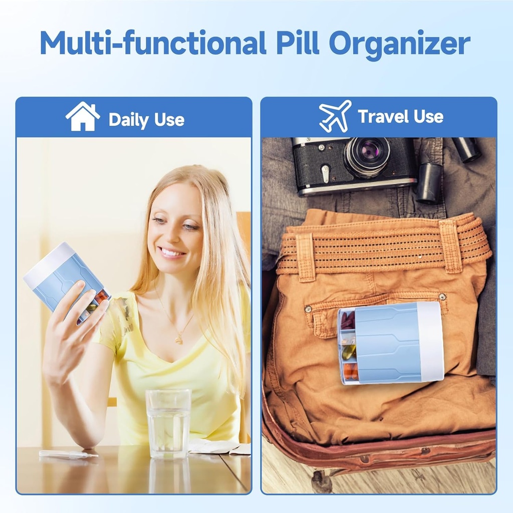 Daviky Pill Bottle Organizer, Supplement Organizer with 7 Large Compartments, Travel Pill Dispenser Round Pill Box with Two Lids（Blue） 6