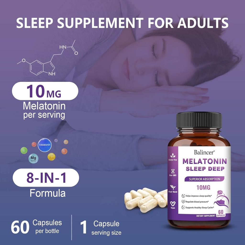 Melatonin 10 mg + L Theanine 5 mg & Magnesium 5 mg, Restful Sleep Support for Adults, Non-Habit Forming Sleep Aid Supplement for Calm and Relaxation, Vegan, Non-GMO, 60 Capsules 4