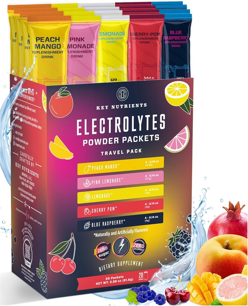 KEY NUTRIENTS Multivitamin Electrolytes Powder No Sugar - 5 Delicious Flavors Electrolyte Powder - Endurance & Energy Supplement - Hydration Powder - No Calories - 10 Servings - Made in USA 6