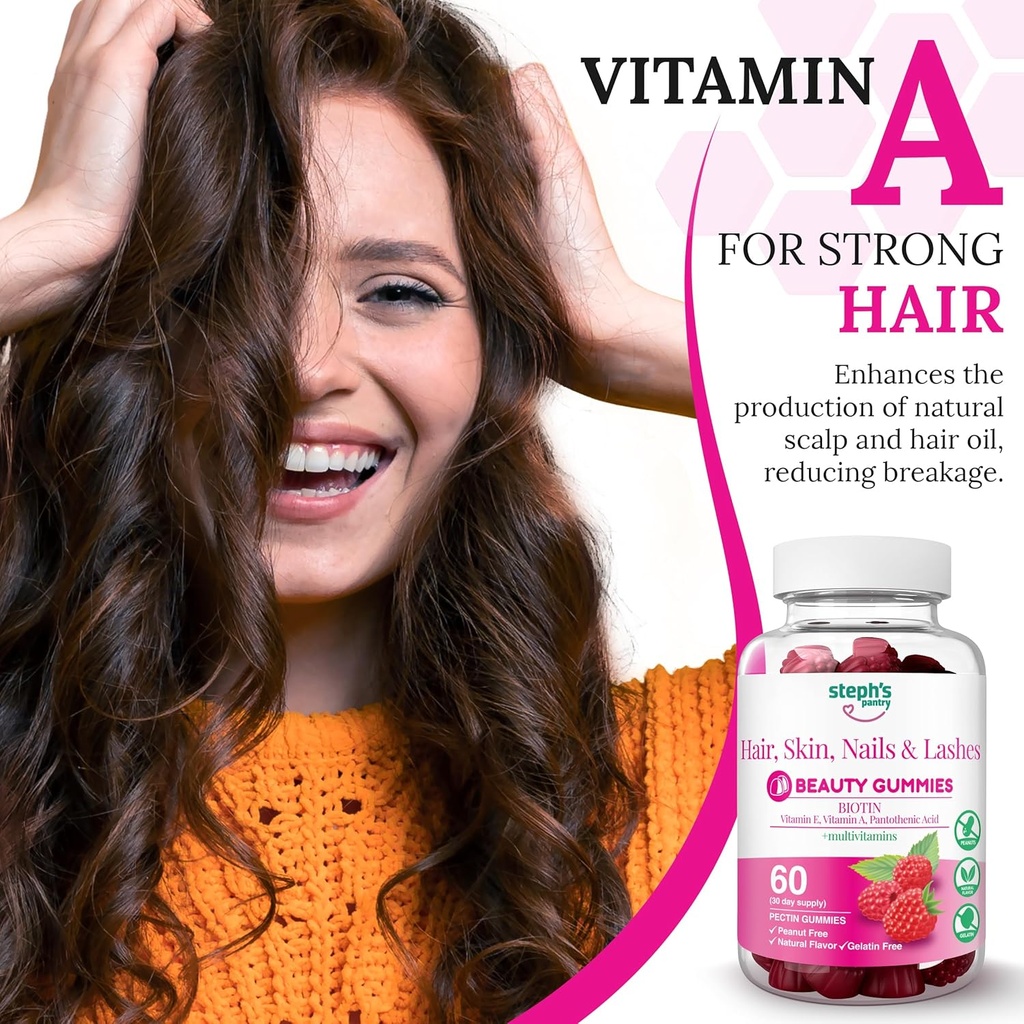 Steph's Pantry Biotin Gummies for Hair, Skin, Nails, & Lashes High Strength Gummies | Daily Multivitamins | Gluten-Free, Nut-Free, Non-GMO, Plant-Based, Vegan, Kosher | (60 Gummies) 6