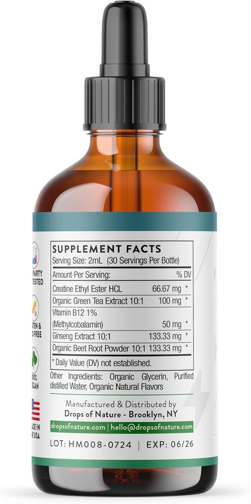 Creatine Monohydrate and Vitamin B12 Drops - With Beet Root Powder, Organic Green Tea & Ginseng - Vegan, Faster Absorption than Creatine Gummies - Energy & Vitality Support (Strawberry Lemonade, 60mL) 3