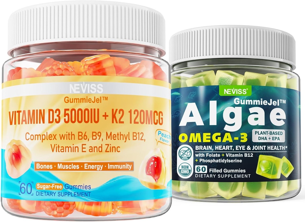 NEVISS Vitamin D3 5000IU + K2 (MK-7) 120mcg Filled Gummies + Vegan Omega 3 Gummies 1000mg 2