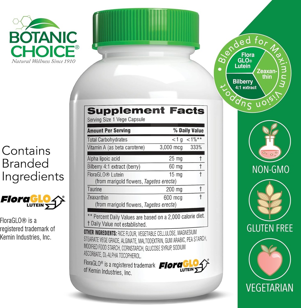 Botanic Choice Opti Gold - Premium Vision Eye Health Support Supplement with Six Powerful Nutrients - 15 mg Patented Highly Abosorbable FloraGlo Lutein Alpha Lipoic Acid - 60 Capsules 3