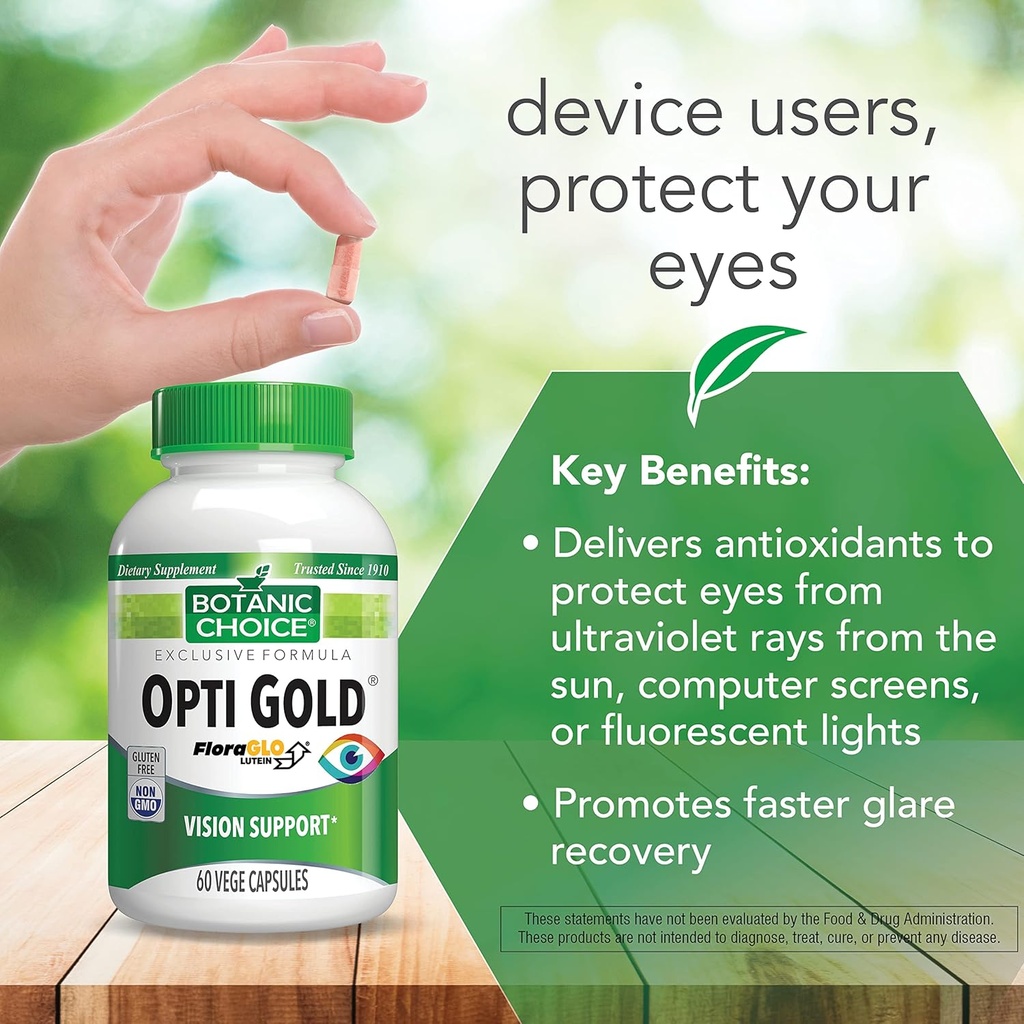 Botanic Choice Opti Gold - Premium Vision Eye Health Support Supplement with Six Powerful Nutrients - 15 mg Patented Highly Abosorbable FloraGlo Lutein Alpha Lipoic Acid - 60 Capsules 5