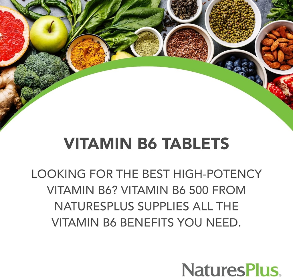 NaturesPlus Vitamin B6 (Pyridoxine HCI), Sustained Release - 500 mg, 60 Vegetarian Tablets - Energy & Metabolism Booster, Memory, Mood, Immune Support Supplement - Gluten-Free - 60 Servings 4