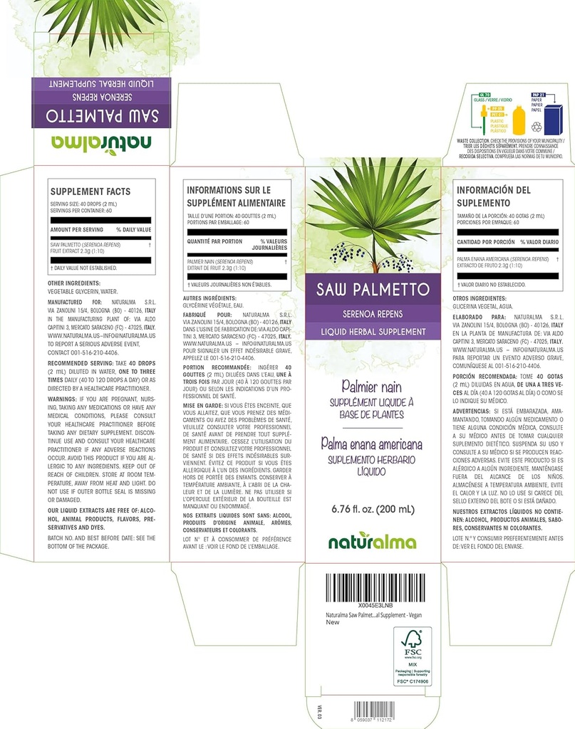 Naturalma Saw Palmetto (Serenoa repens or Sabal serrulata) Fruit Alcohol-Free Tincture - 6.76 fl oz Liquid Extract in Drops - Herbal Supplement - Vegan 3