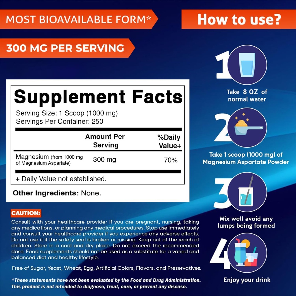 Vitamatic Magnesium Aspartate 1000mg per Serving Supports Muscle, Joint, and Heart Health 250 Grams - 250 Servings 3