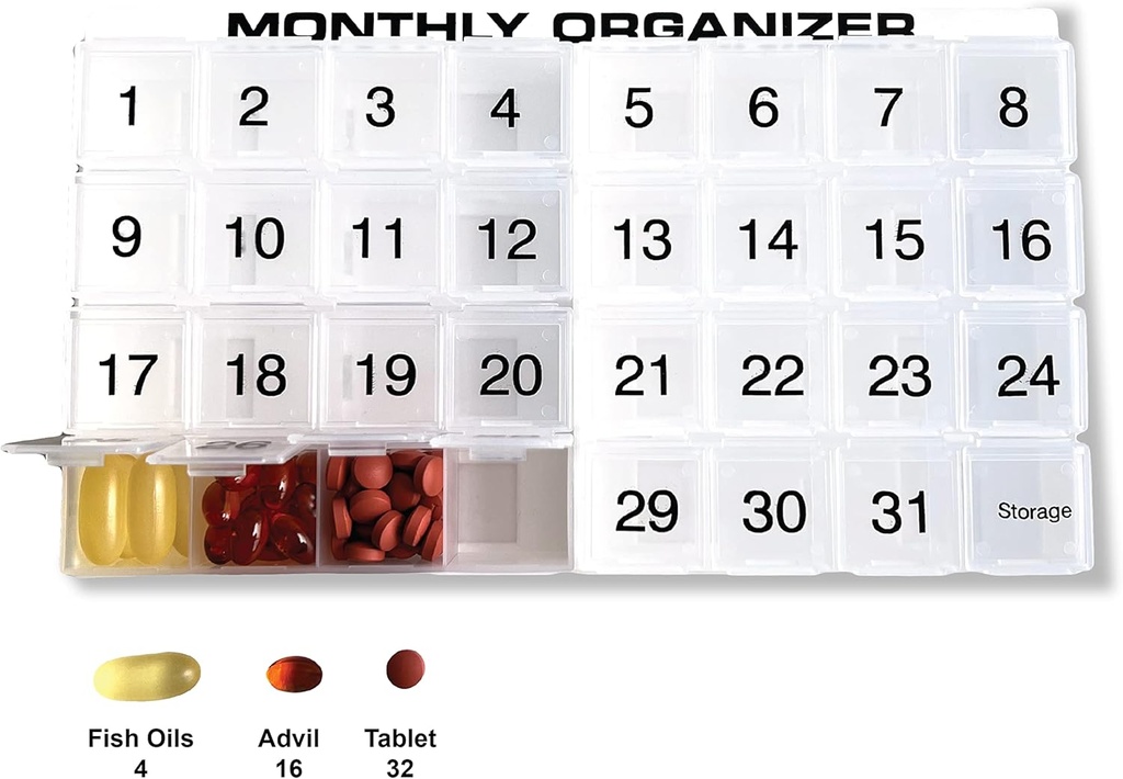 31 compartments, 1 per Day, 4 Week Monthly Pill Organizer by Promed. Includes Tray and 8 Removable compartments. (White) 5