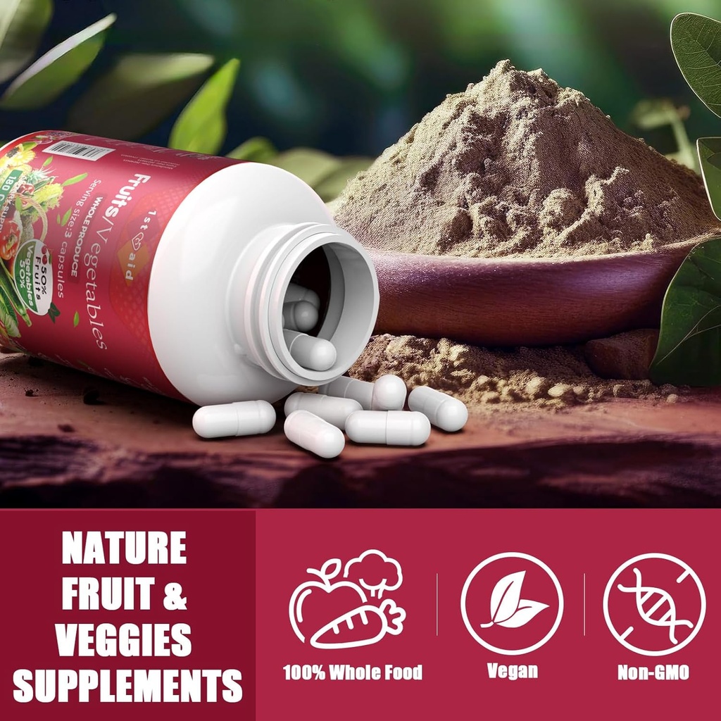 1st Aid Fruits-Veggies Nutritional-Supplement Home-Essential Dietary-Capsules - 180Count Whole Food Fruit and Vegetable Vitamins Mixed Dietary Supplements for Unisex 6