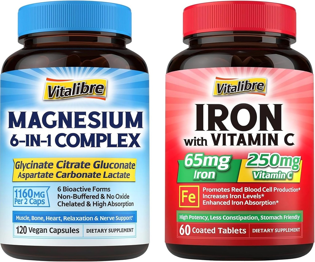 Magnesium Complex Supplement 6 in 1+ Women's Probiotics 100 Billion CFU + Iron Supplement, 65mg Carbonyl Iron with 250mg Vitamin C 4