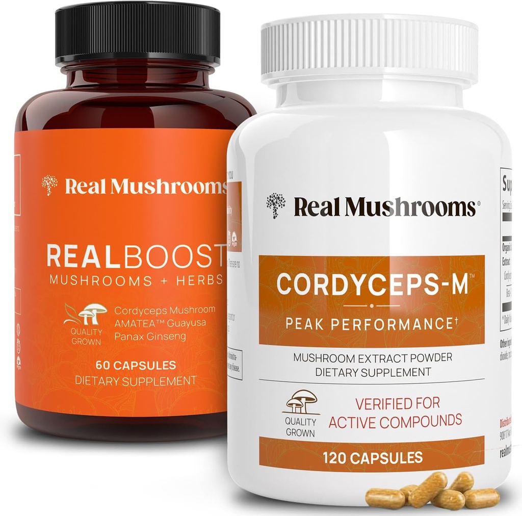 Real Mushrooms RealBoost (60ct) and Cordyceps (120ct) Capsules Bundle - Mushroom Supplement for Energy, Vitality & Endurance - Energy Vitamins w/Ginseng, Guayusa - Vegan, Non-GMO 2