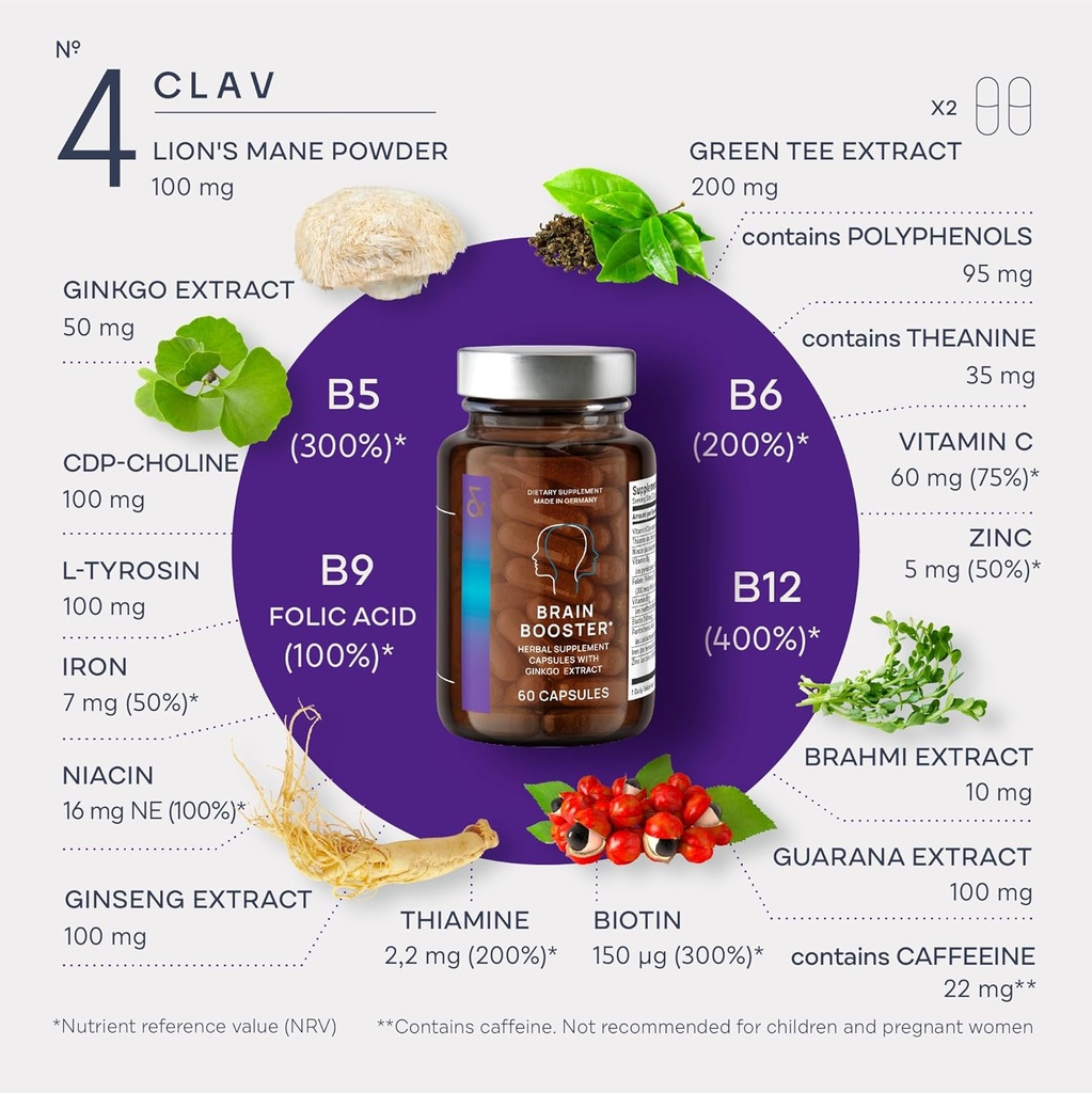 CLAV N°4 Brain Booster - Nootropics Brain Support Supplement for Memory & Focus - Lions Mane, Bacopa Monnieri, Ginkgo - Brain Vitamins & Memory Pills - 60 Capsules 5