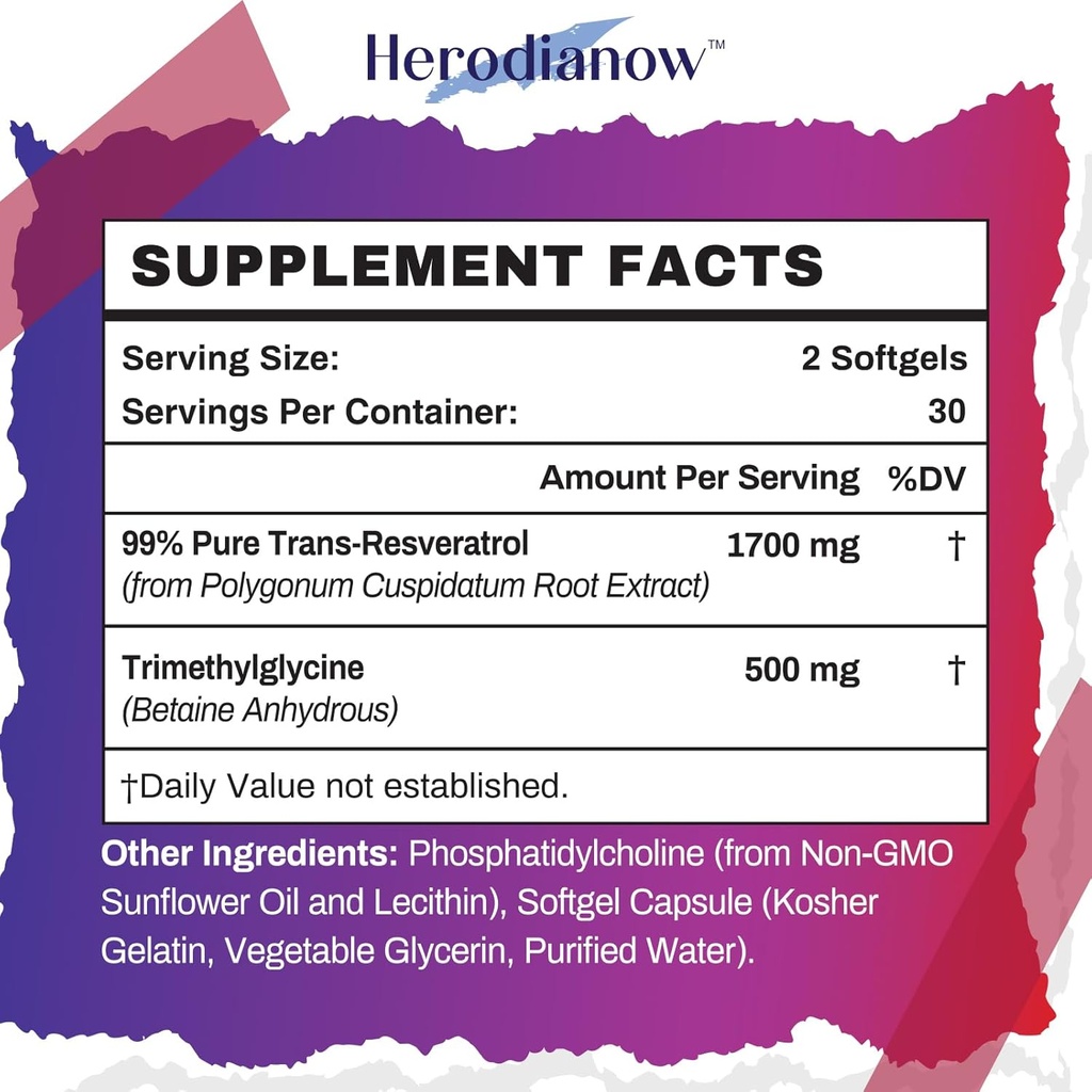 Liposomal Resveratrol with TMG Supplement 2200 MG, 99% Purity Trans-Resveratrol & Trimethylglycine- Antioxidant, for Immune System, Skin & Overall Health, 60 Softgels(Pack of 1) 3