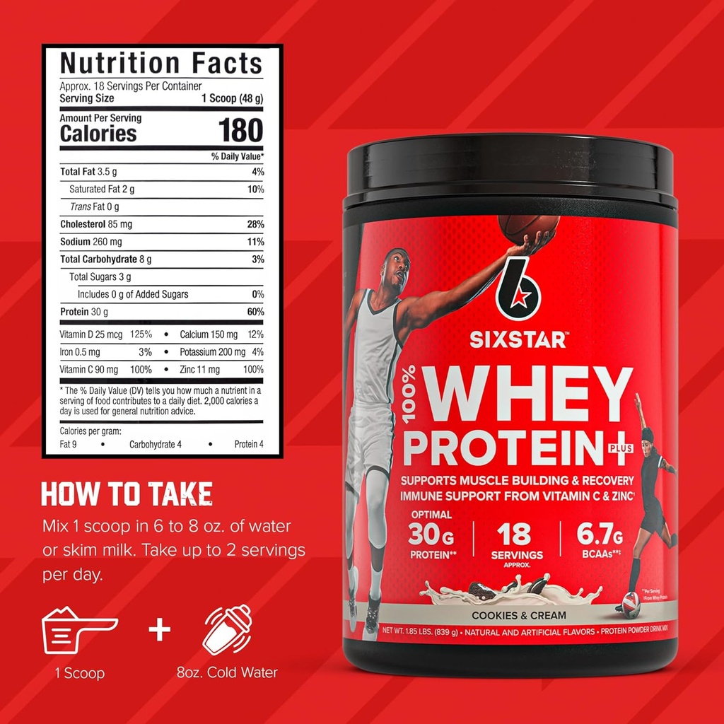 Six Star Whey Protein Powder Plus - Muscle Building & Recovery Formula with Whey Isolate Powder, BCAAs, 30g Protein, Immune Support - Post-Workout Supplement - Cookies and Cream, 1.8 lbs 6