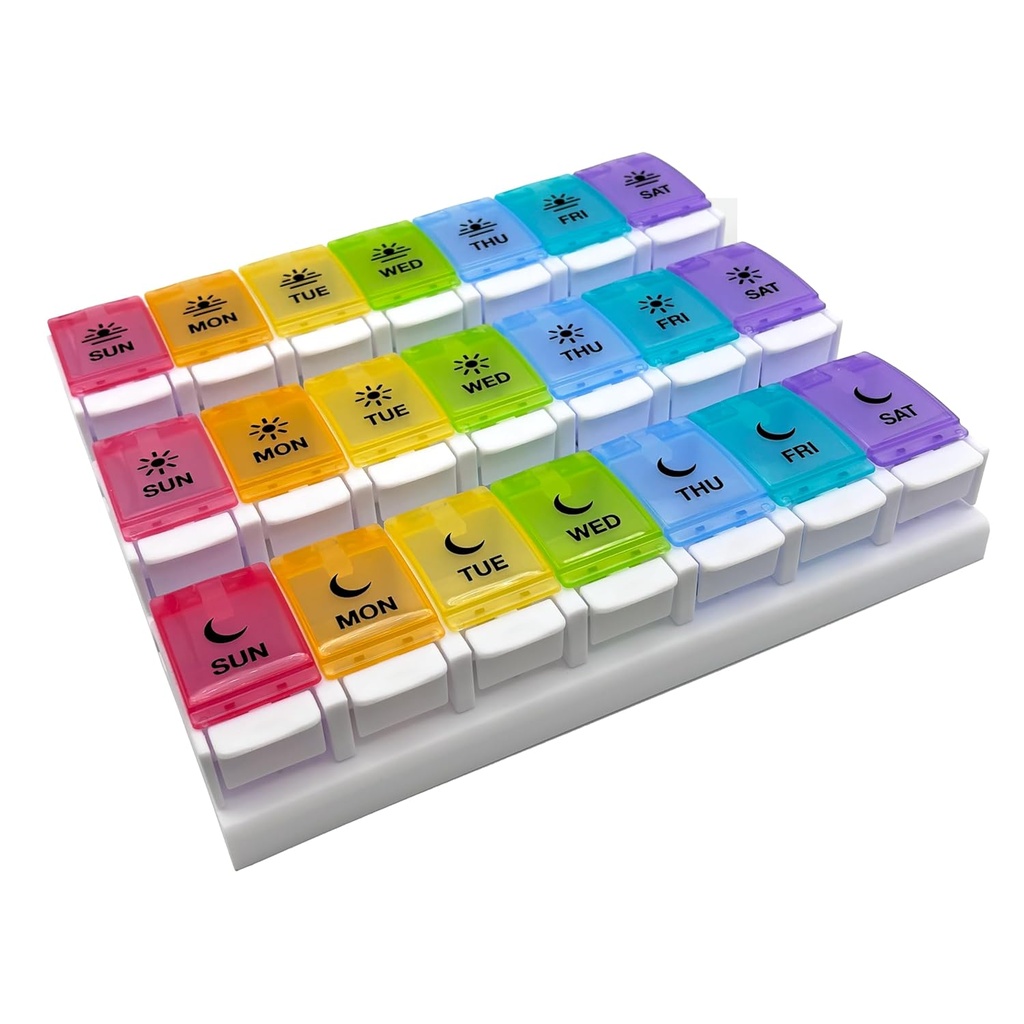 EZY DOSE Weekly (7-Day) Pill Case, Daily Medicine Planner, Vitamin Organizer Container, Large Push Button Compartments, Easy to Use, 3 Times a Day, Spring Open Design, Rainbow Lids, BPA Free 2