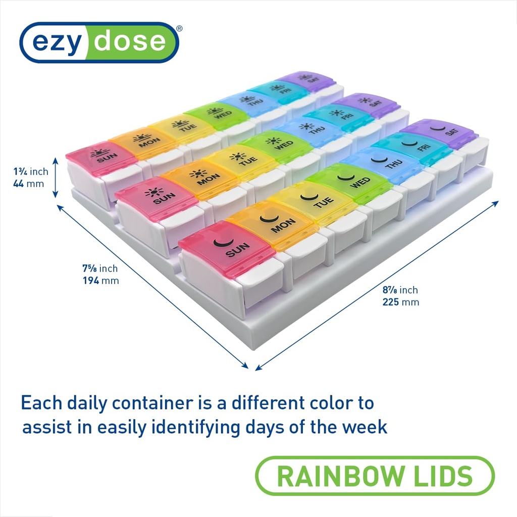 EZY DOSE Weekly (7-Day) Pill Case, Daily Medicine Planner, Vitamin Organizer Container, Large Push Button Compartments, Easy to Use, 3 Times a Day, Spring Open Design, Rainbow Lids, BPA Free 4