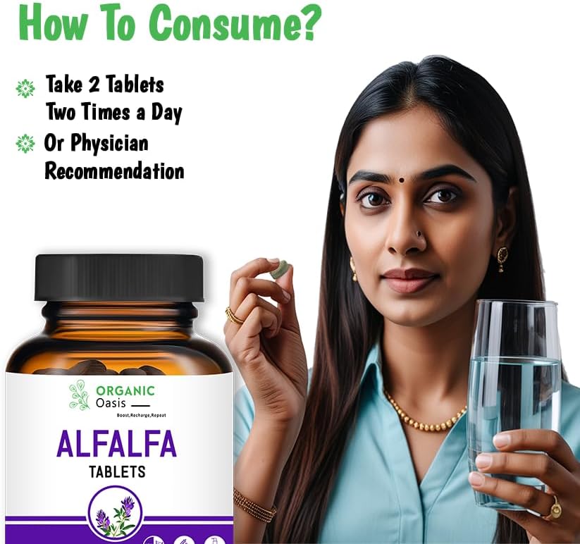 Alfalfa Medicago Sativa Tablets, 60 Tablets, Improves Respiratory Health and Bowel Movements, Boosts Immune System,Organic and Natural | Superfood Supplement | Vegan 3