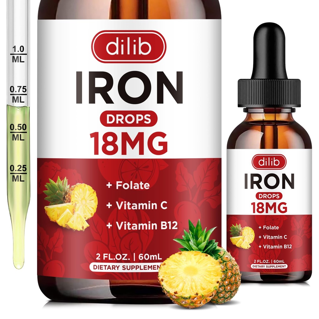Supplemento di ferro liquido per le donne e gli uomini di ferro gocce di ferro Supplementi di ferro per l'anemia con follia, vitamina C, B12 per il rosso sangue cellulare supporto-Pineapple Flavor, 2 Fl Oz