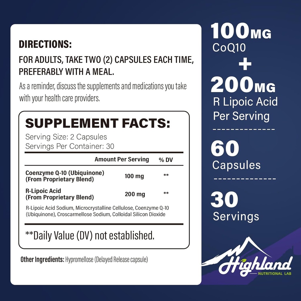 CoQ10 100mg + R-Liposäure 200mg pro Portion, 1 Monat Versorgung, Bis zu 5X Verbesserte Absorption, R-Liposäure/CoQ10 Ergänzung für Herzgesundheit und kognitive Gesundheit-60 Kapseln