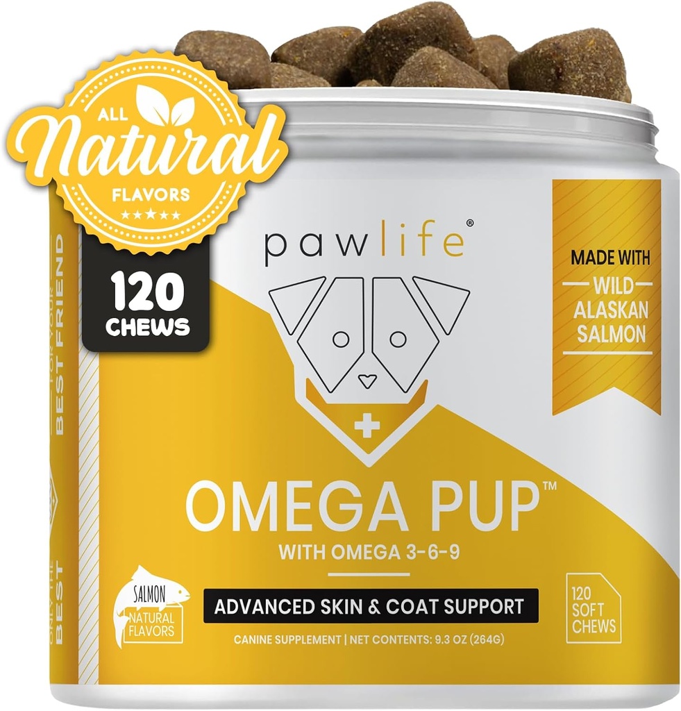 Suppléments d'huile de poisson de chien - 120 Omega 3 Huile de poisson Vitamines de chien, Démangeaisons formulées par les vétérinaires pour chiens, huile de poisson Omega 3 naturelle pour chiens, supplément de peau de chien et de manteau (arôme de saumon)